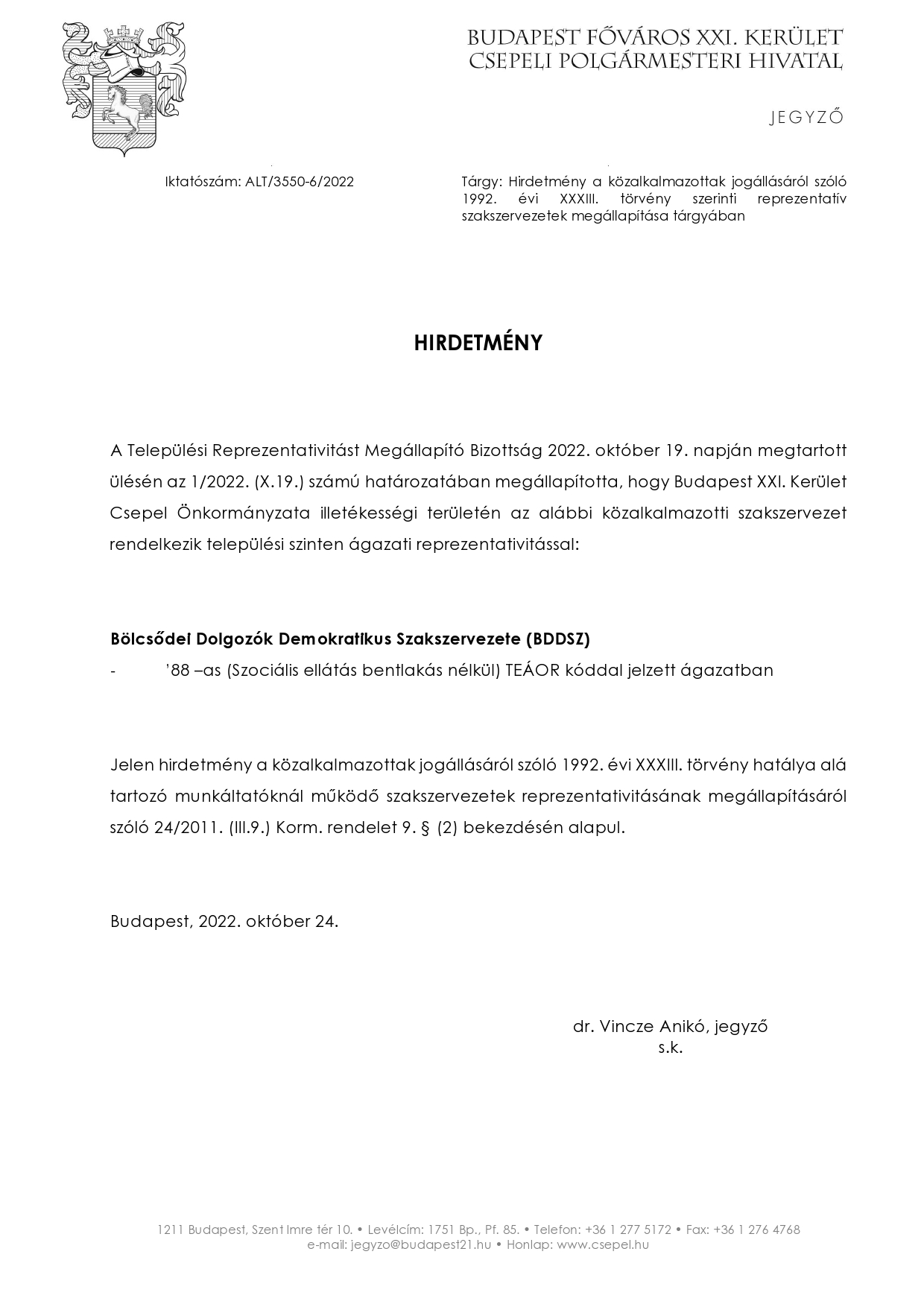 Kozlemeny szakszervezetek reprezentativitasanak megallapitasarol page0001